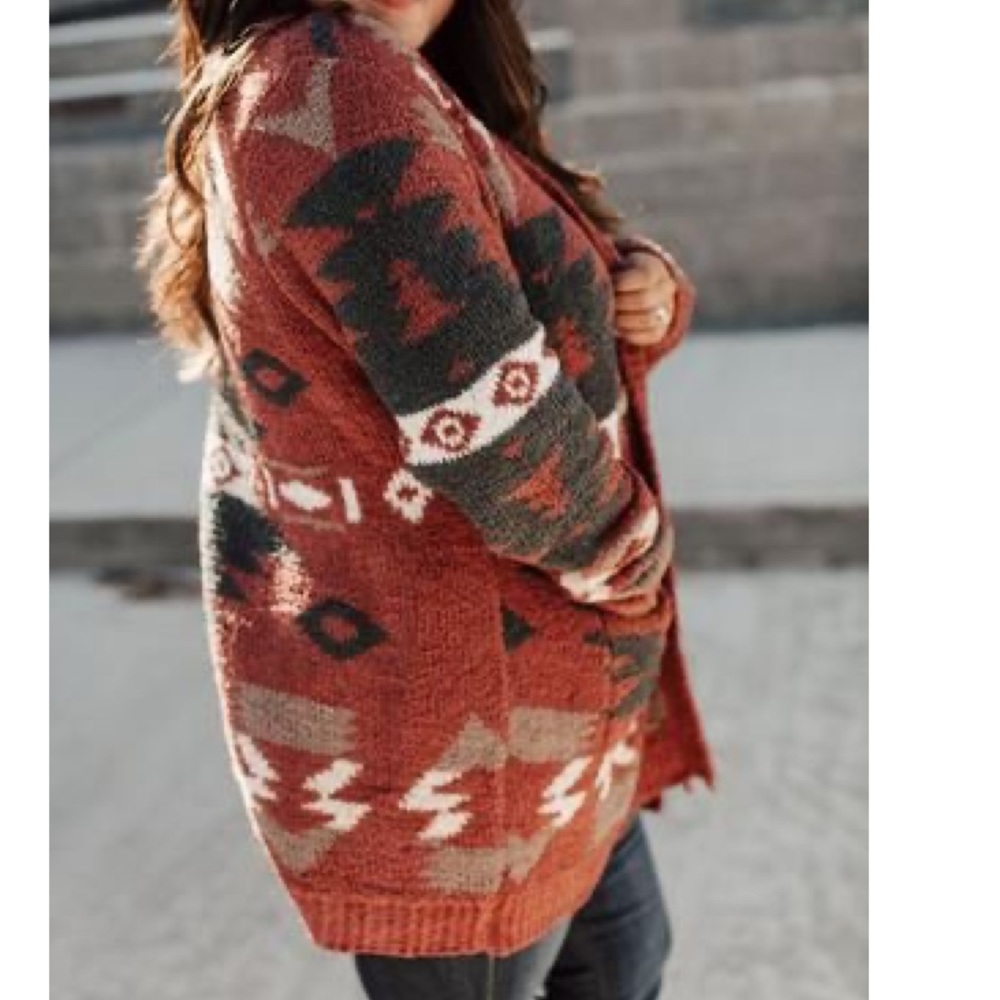 Oversized Last S SOFT New Cozy Aztec Southwest Bohemian Knitted Sweater Cardigan - Picture 12 of 17